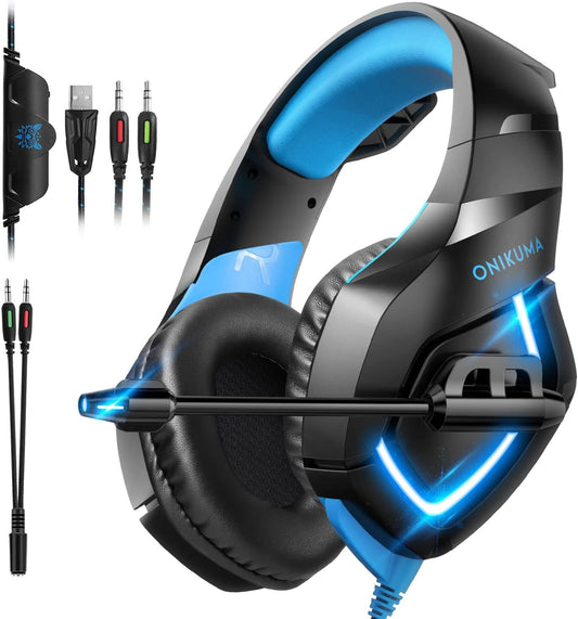 Onikuma K1 Blue LED Over the Ear Gaming Headsets for Xbox One,PC,PS5,Switch Ect.