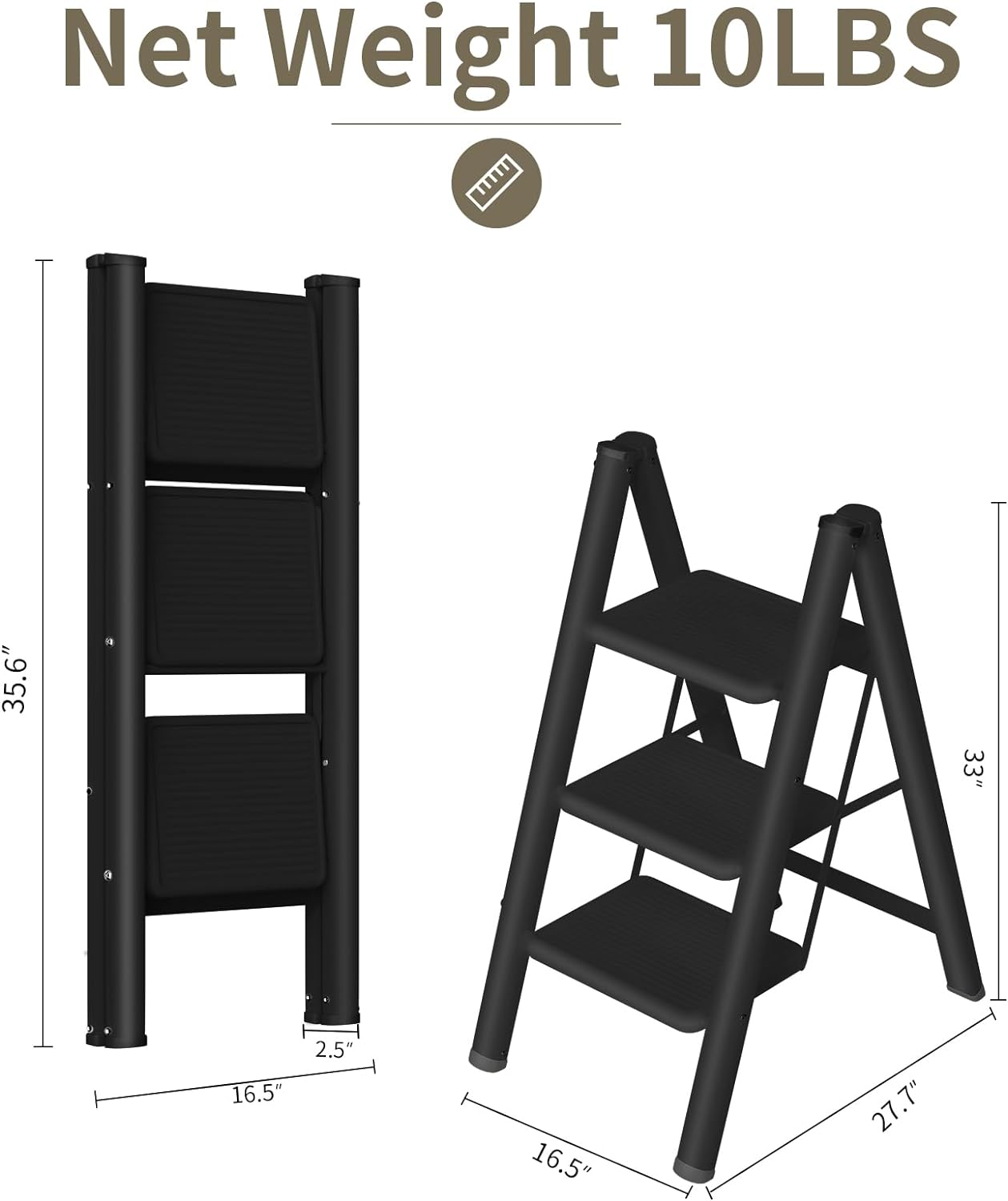 AriseWork 3 Step Ladder, Lightweight Folding Step Stool Wide Anti-Slip Metal Pedal