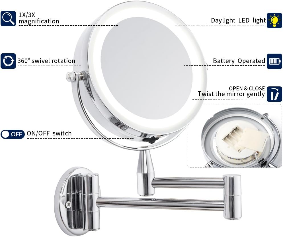 ANHO Led Cosmetic Mirror Wall Mounted, Double Side, 1X/3X Magnification