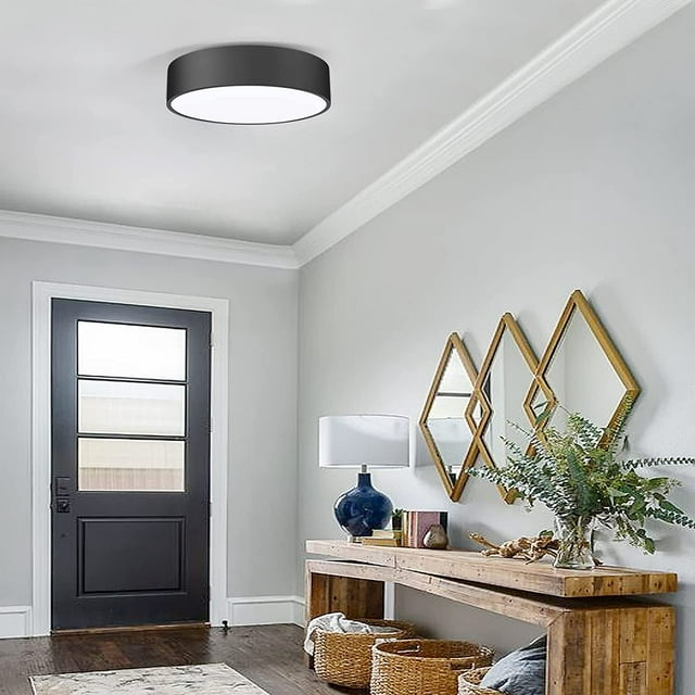 Round Black LED Flush Mount Ceiling Light Fixtures,11.8 inch,2-Light Close to Ceiling Lights,Glass Shade Industrial Ceiling Lamp for Hallway,Kitchen,Bedroom,Bathroom,Hallway,Apartment