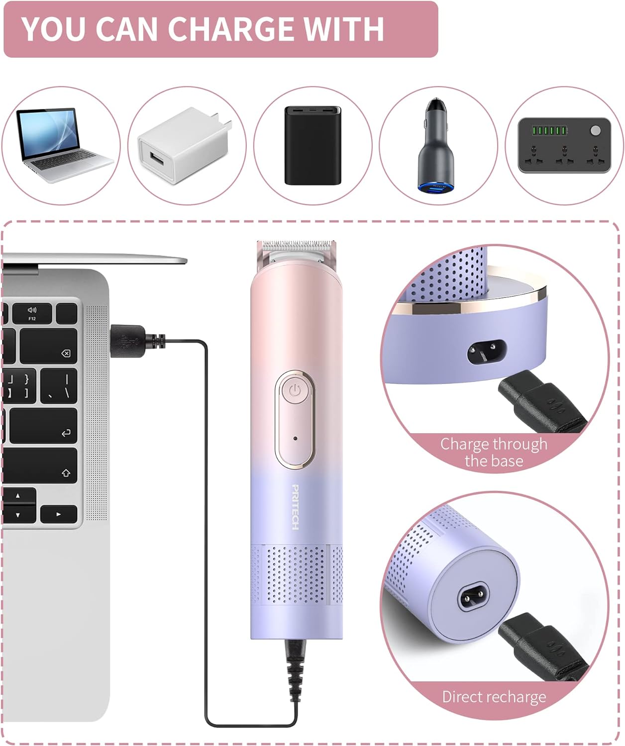 PRITECH Hair Trimmer for Women, Waterproof Bikini Trimmer, Rechargeable Pubic Hair Clippers