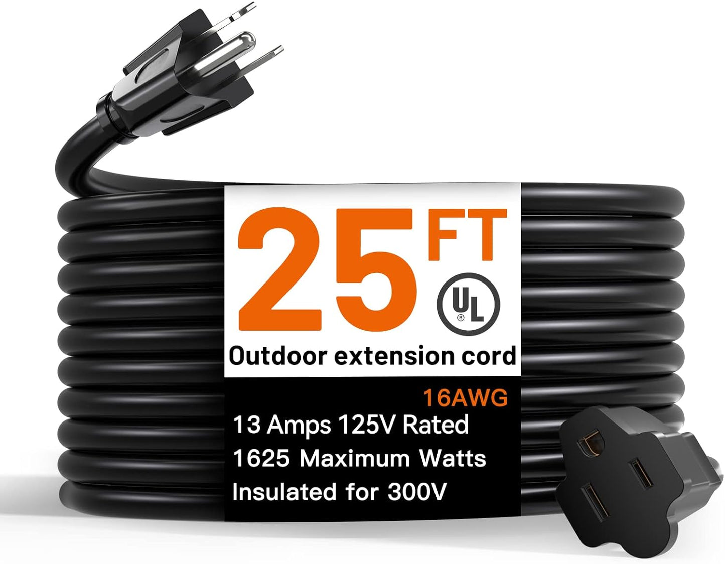 25 Feet Outdoor Extension Cord Waterproof Deep Black 16 AWG 3 Prong