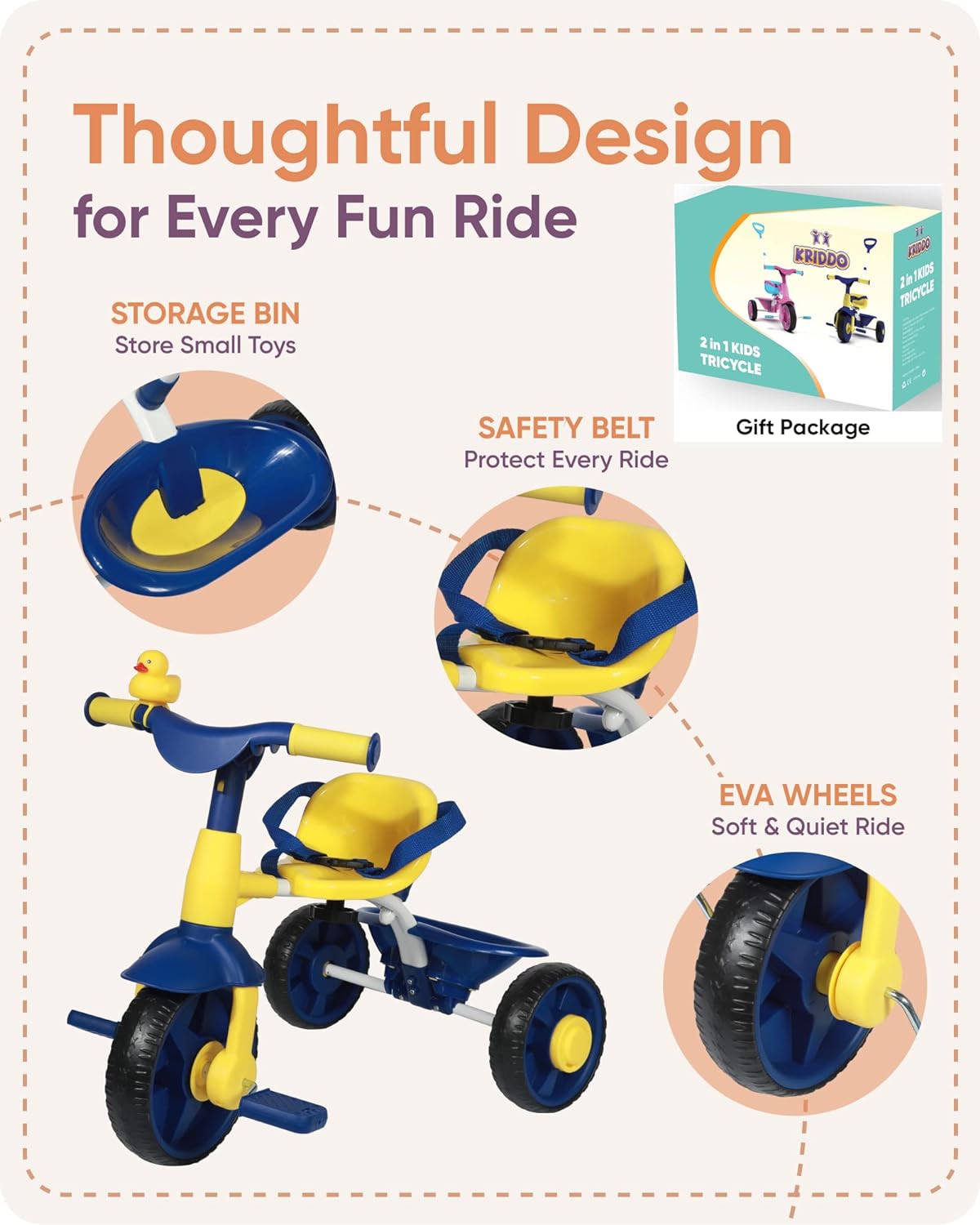 2 in 1 Kids Tricycles Age 18 Month to 3 Years, EVA Wheels Upgraded Trikes Gift for Toddlers 2 to 3 Year Old with Push Handle and Duck Bell, Blue