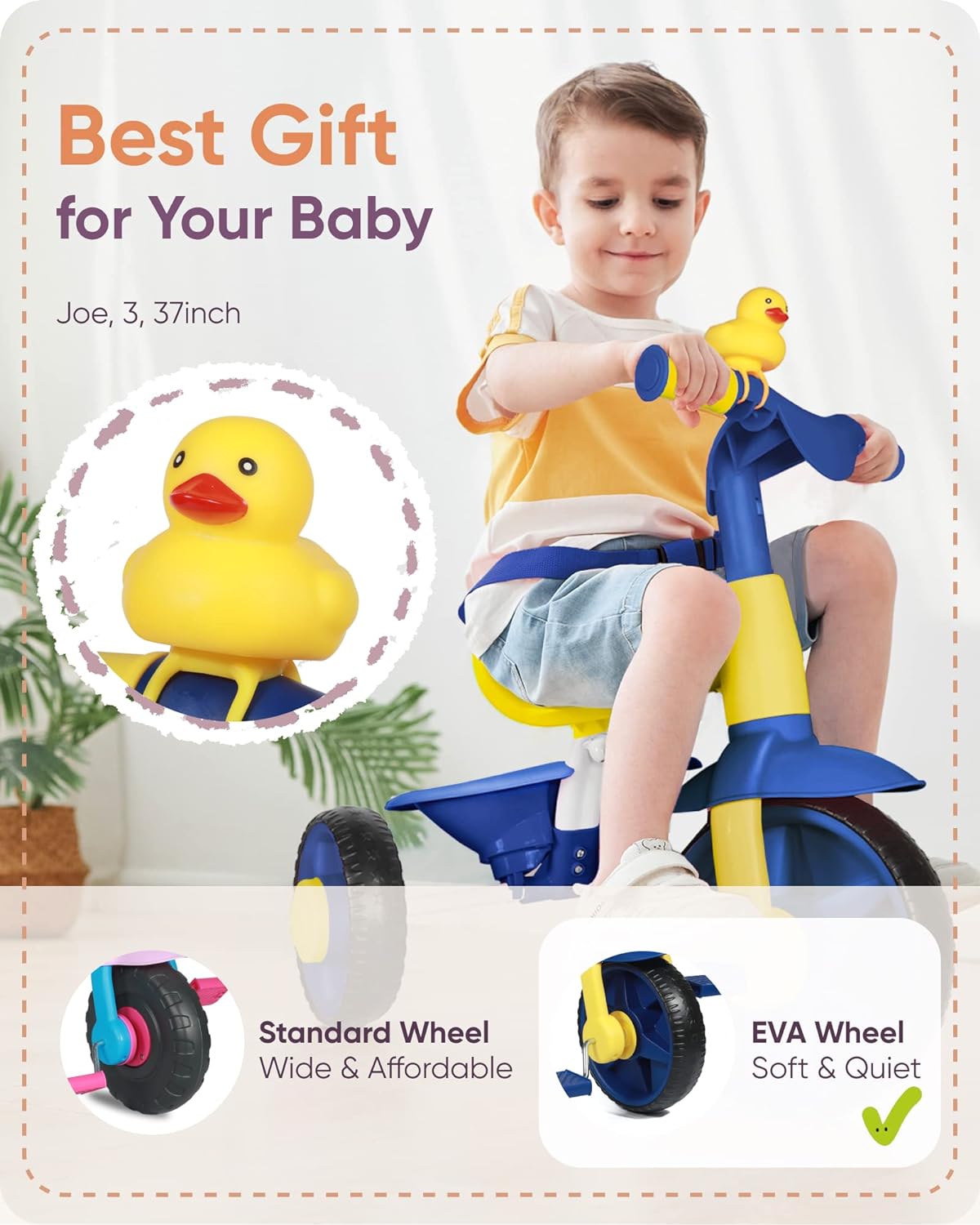 2 in 1 Kids Tricycles Age 18 Month to 3 Years, EVA Wheels Upgraded Trikes Gift for Toddlers 2 to 3 Year Old with Push Handle and Duck Bell, Blue