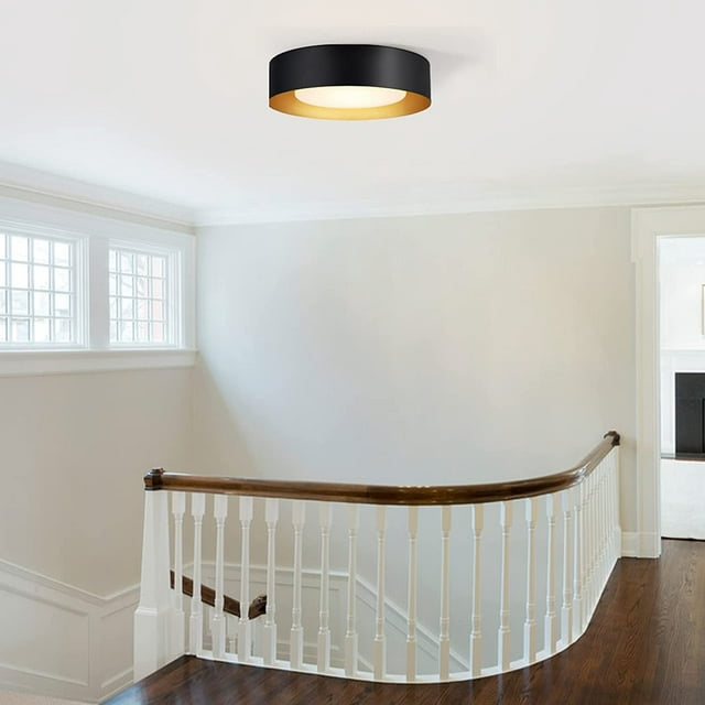 HUIXIAN Modern Black and Gold Flush Mount Ceiling Lights, 16.5" Minimalist Drum Round Ceiling Lighting, Acrylic Close to Ceiling Light Fixtures for Living Room, Bedroom, Dining Room, Kitchen, Hallways