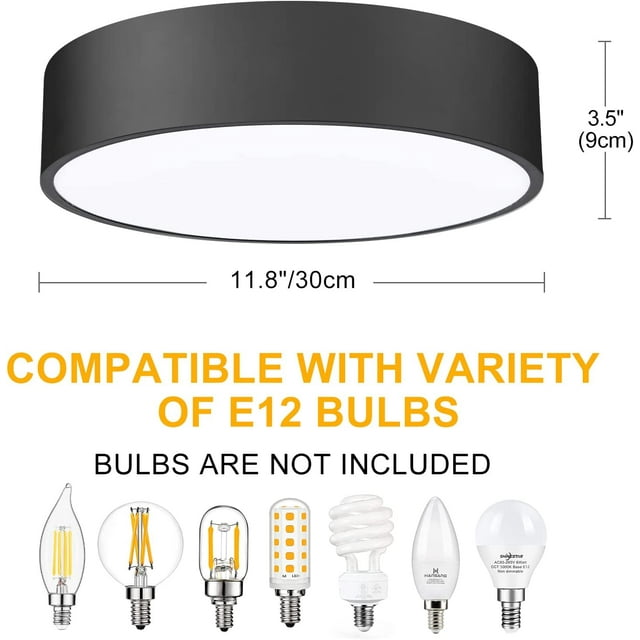 Round Black LED Flush Mount Ceiling Light Fixtures,11.8 inch,2-Light Close to Ceiling Lights,Glass Shade Industrial Ceiling Lamp for Hallway,Kitchen,Bedroom,Bathroom,Hallway,Apartment