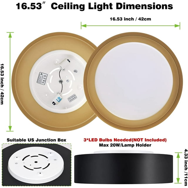 HUIXIAN Modern Black and Gold Flush Mount Ceiling Lights, 16.5" Minimalist Drum Round Ceiling Lighting, Acrylic Close to Ceiling Light Fixtures for Living Room, Bedroom, Dining Room, Kitchen, Hallways